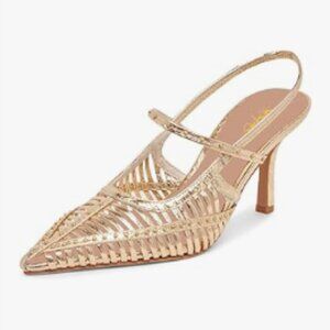 XYD Gold Caged Pointed Toe Mid Heel Pumps Multi Studs Slingback Sandals
